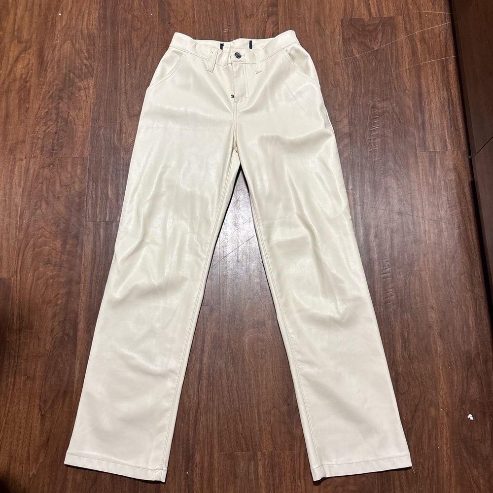 Hollister Women's Cream Straight Leg Faux Leather Pants